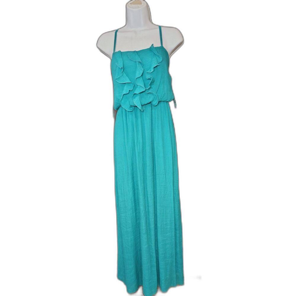 Iz Byer Turquoise Ruffled Strappy Maxi Dress (Size L)